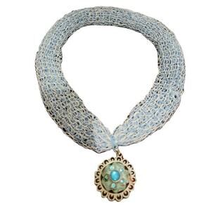 Crochet Necklace Laced with Pendant Blue Rhinestones Jewelry Necklace Blue